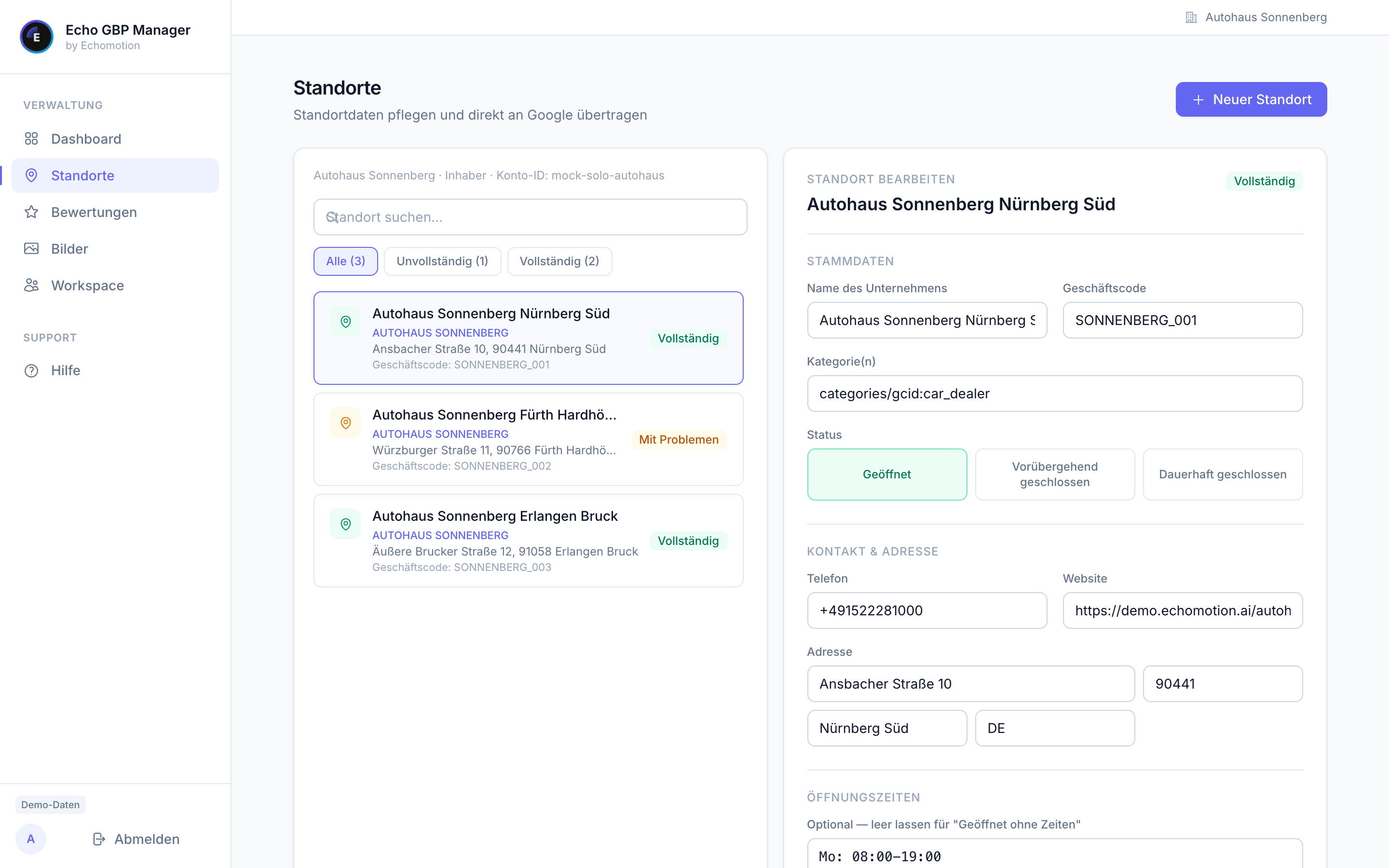 Standorte in Echo GBP Manager: Standortdaten pflegen und direkt an Google übertragen