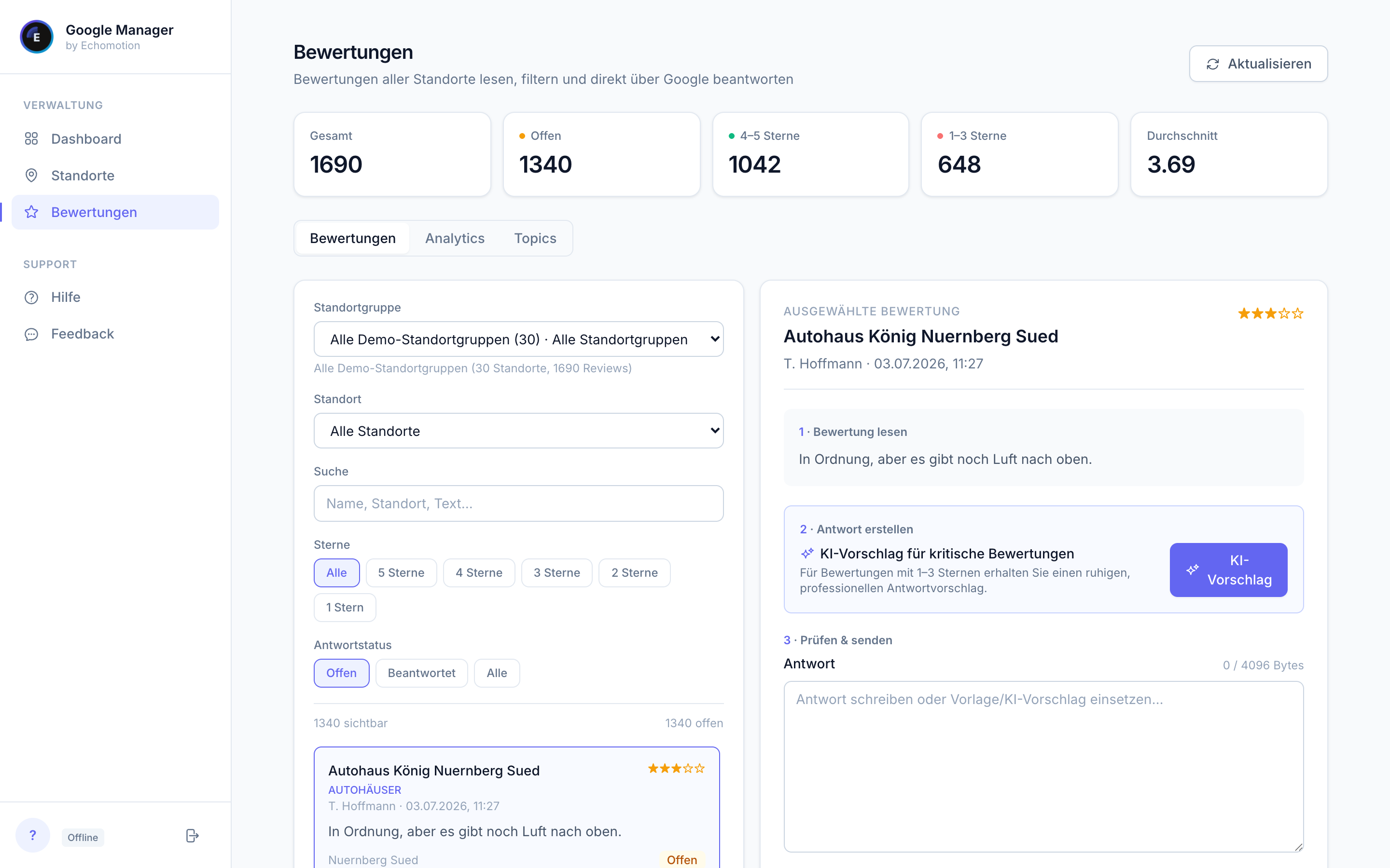 Bewertungsmanagement mit Insights in Echo GBP Manager